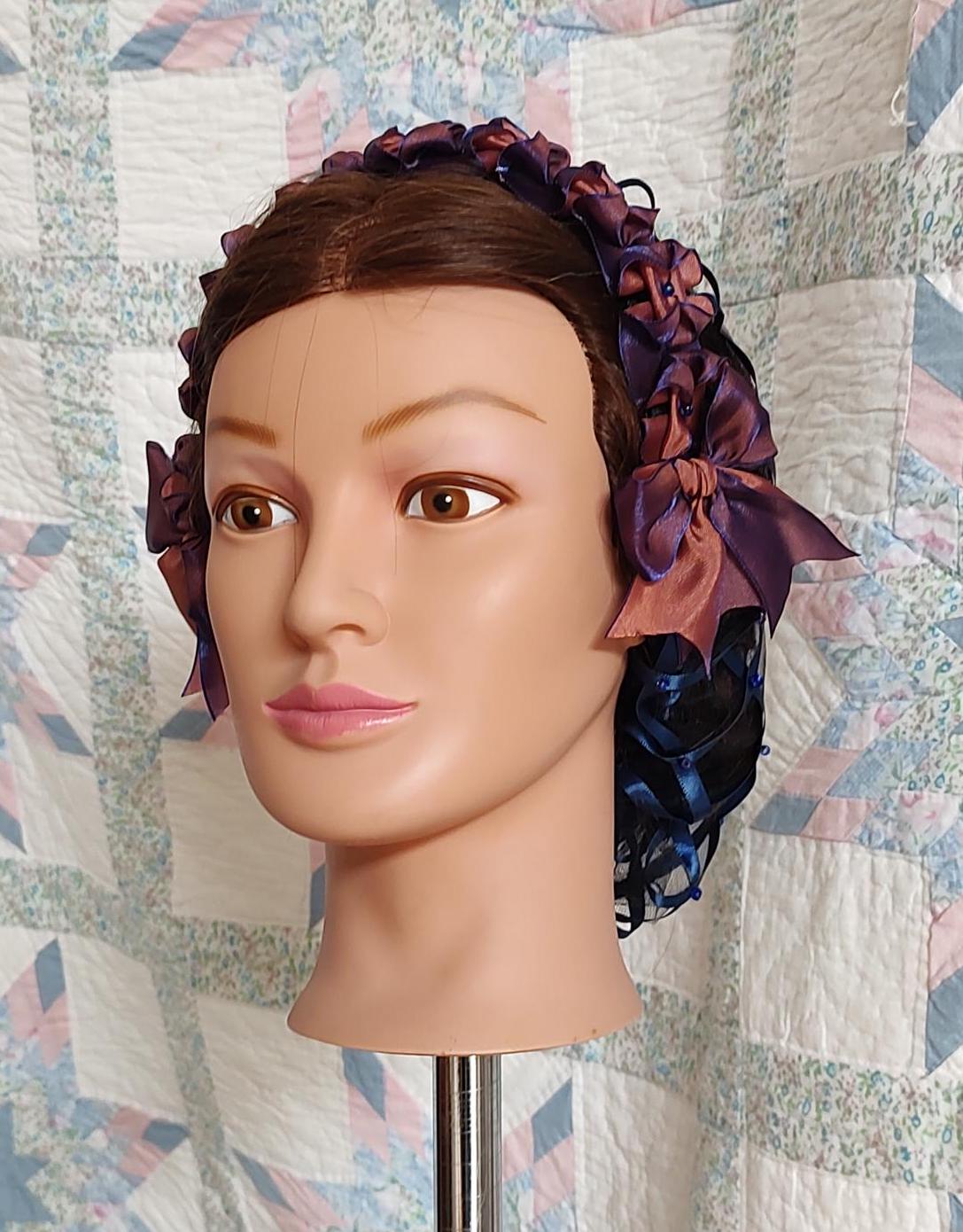 Navy Ribbon Hairnet with Changeable Navy and Copper Ribbon Coronet, Victorian Headdress, 19th Century, Civil War, Ball hair accessory