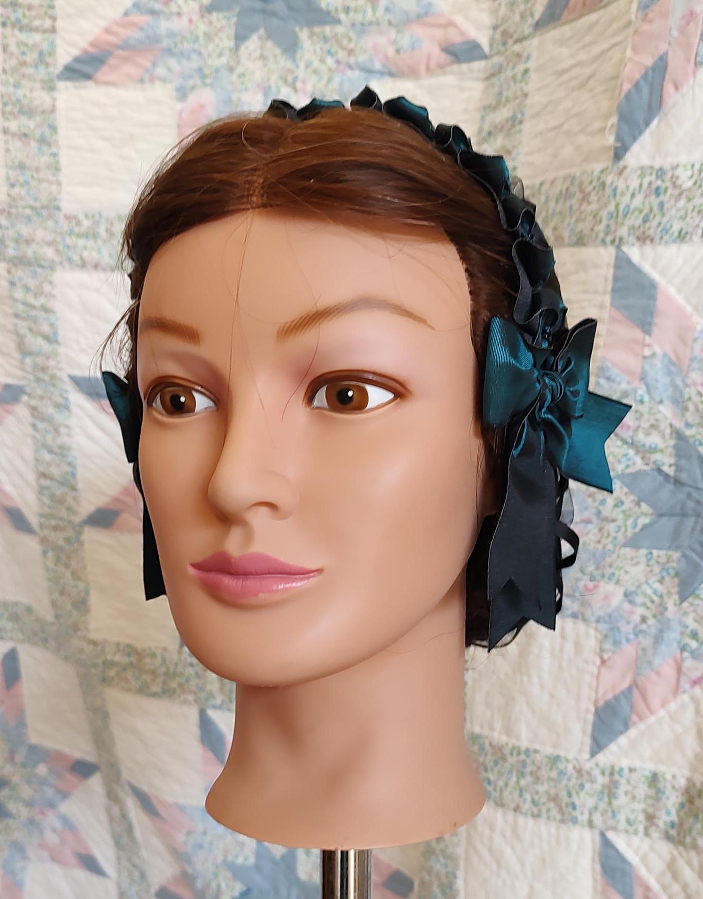 Black Ribbon Hairnet with two-tone Ribbon Coronets - Victorian headdress, 19th Century, Civil War, Ball Hair Accessory