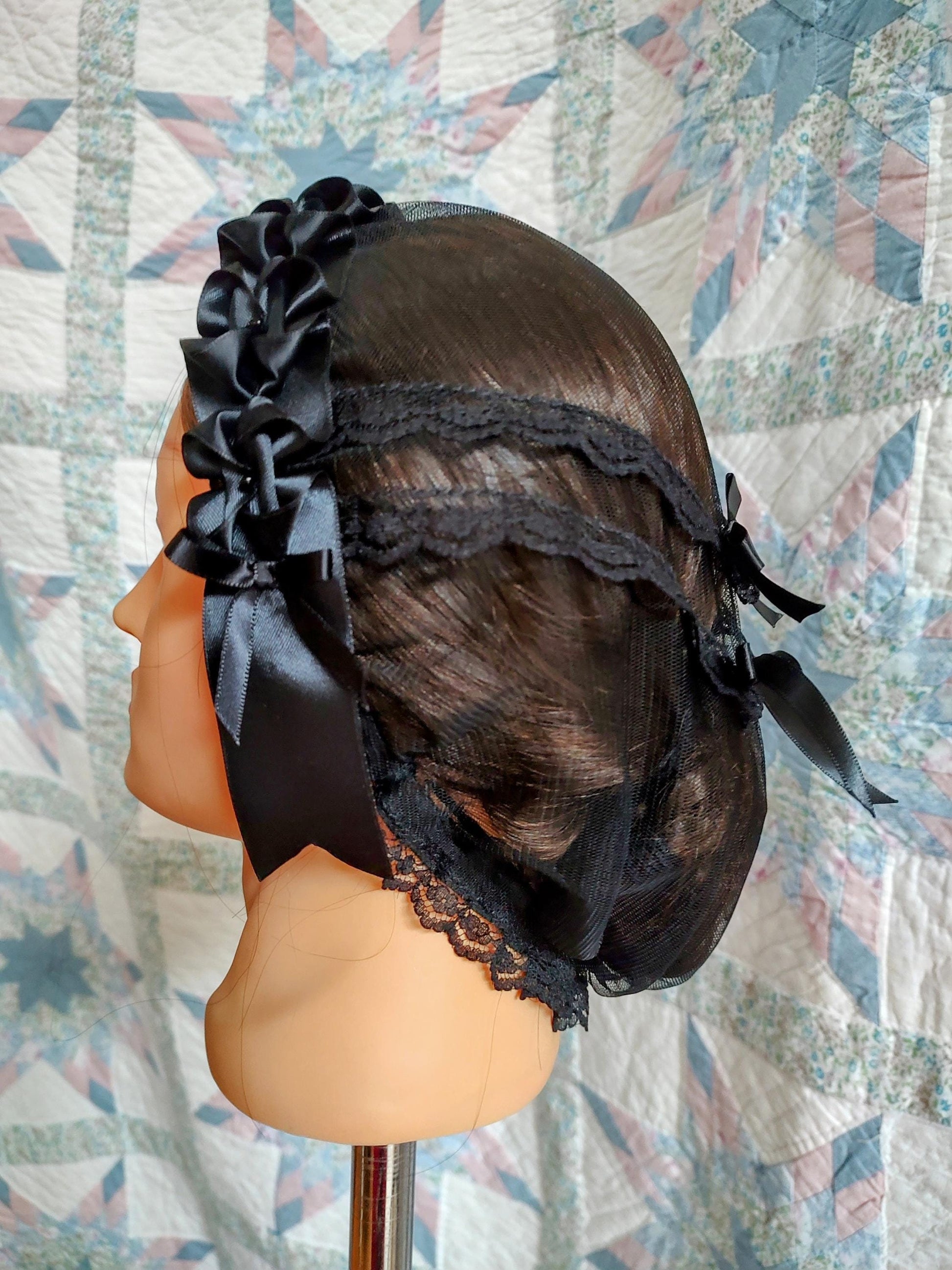 Black Lacy Daycap with choice of Ribbon Coronets - Mourning, Widows or just great neutral, Civil War, Victorian breakfast cap, 19th Century