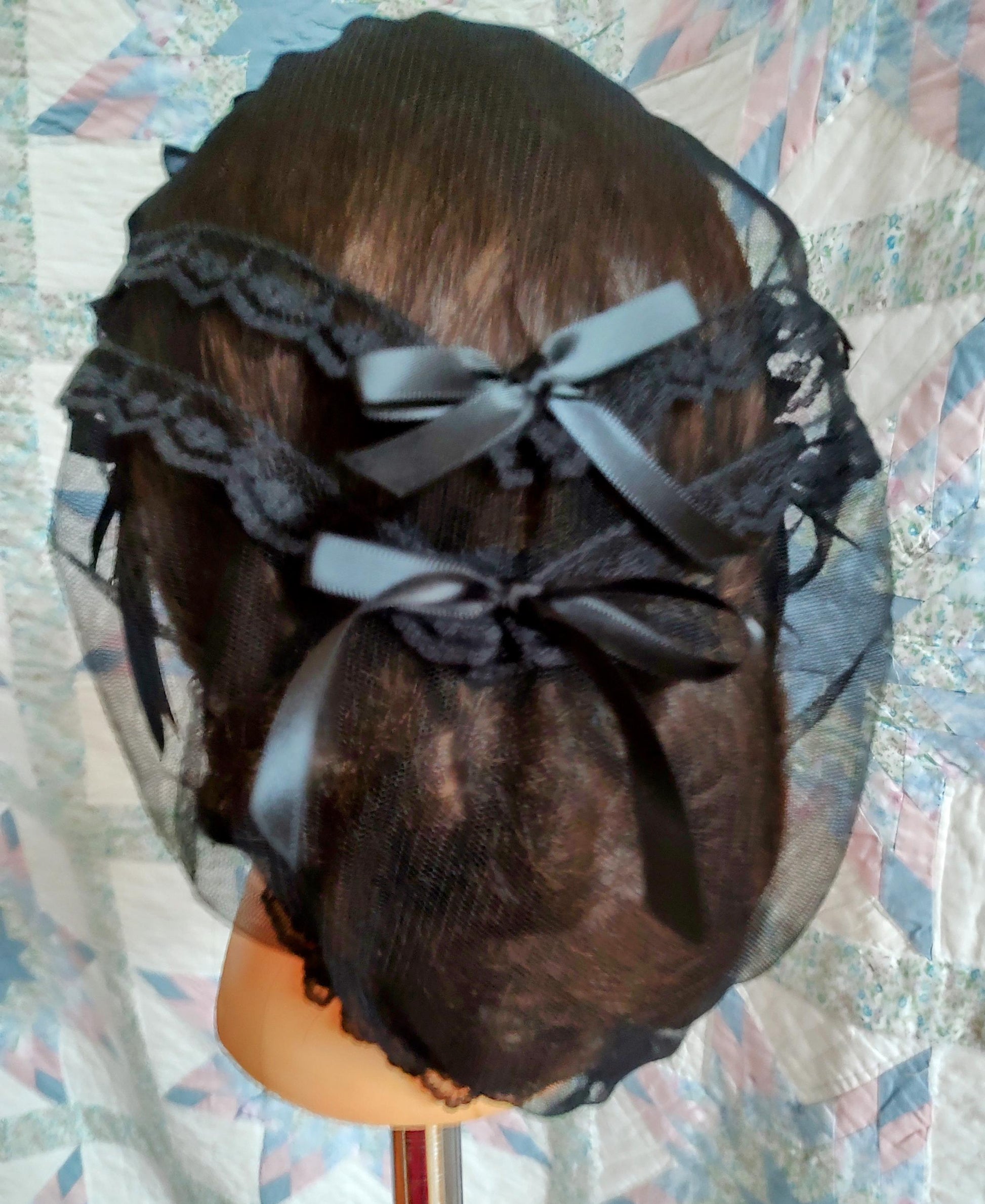 Black Lacy Daycap with choice of Ribbon Coronets - Mourning, Widows or just great neutral, Civil War, Victorian breakfast cap, 19th Century