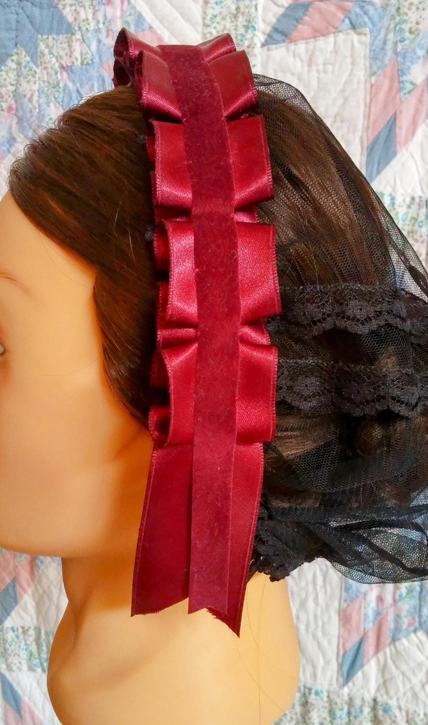 Black Lacy Daycap with choice of Ribbon Coronets - Mourning, Widows or just great neutral, Civil War, Victorian breakfast cap, 19th Century