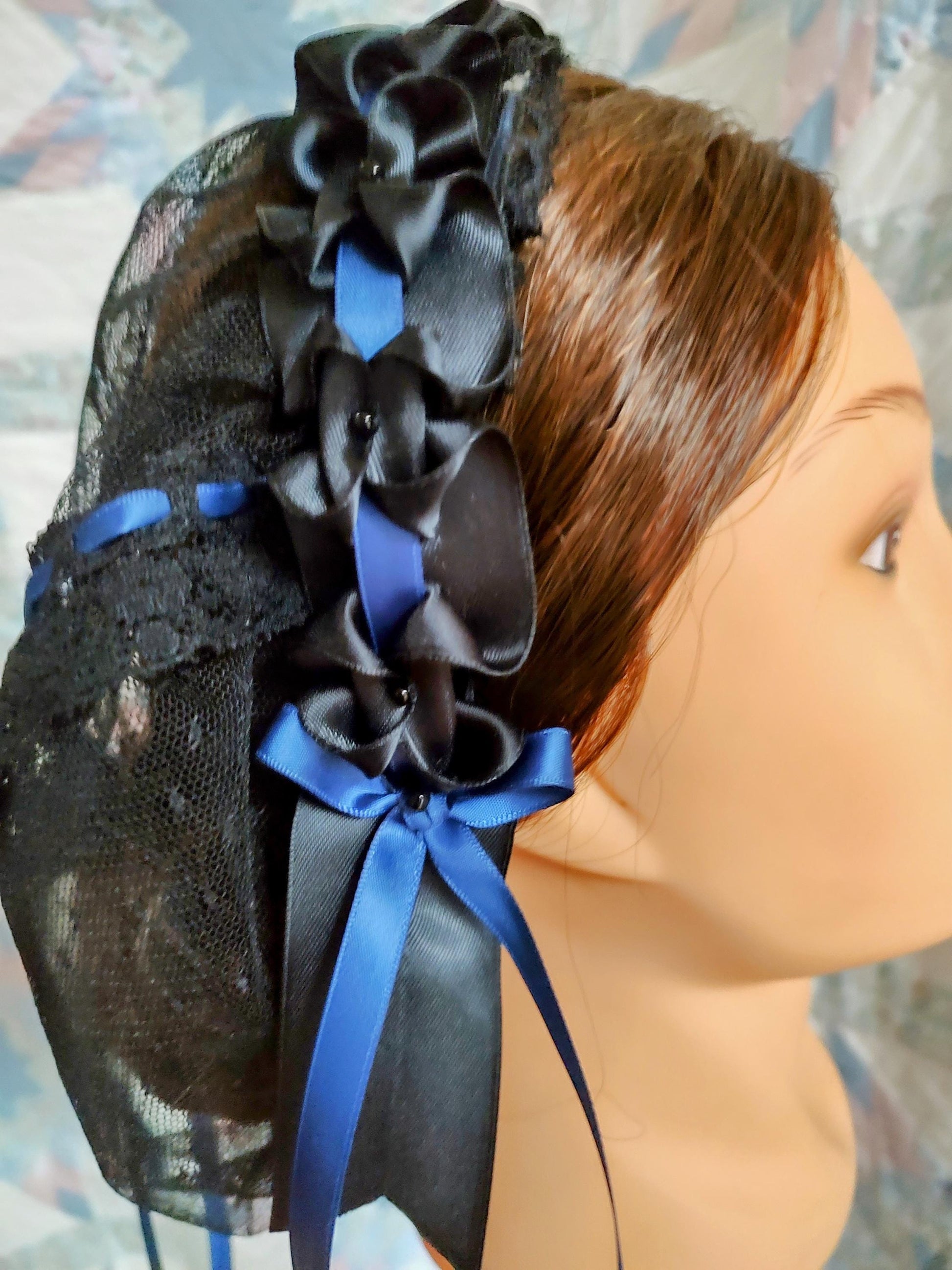 Black Lacy Daycap with choice of Ribbon Accent on Coronet, Civil War, Victorian breakfast cap, 19th Century, Historical Headwear,