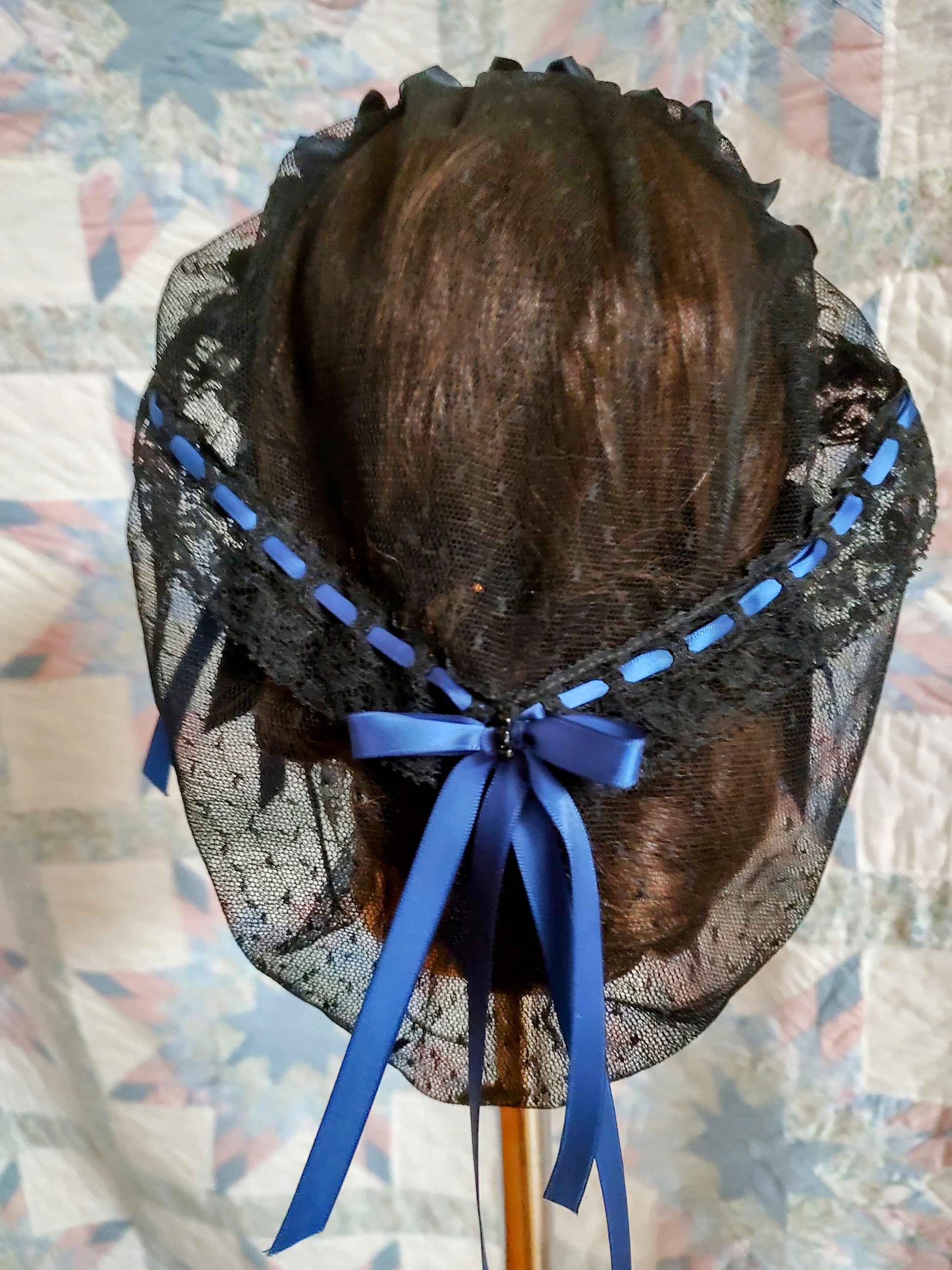 Black Lacy Daycap with choice of Ribbon Accent on Coronet, Civil War, Victorian breakfast cap, 19th Century, Historical Headwear,