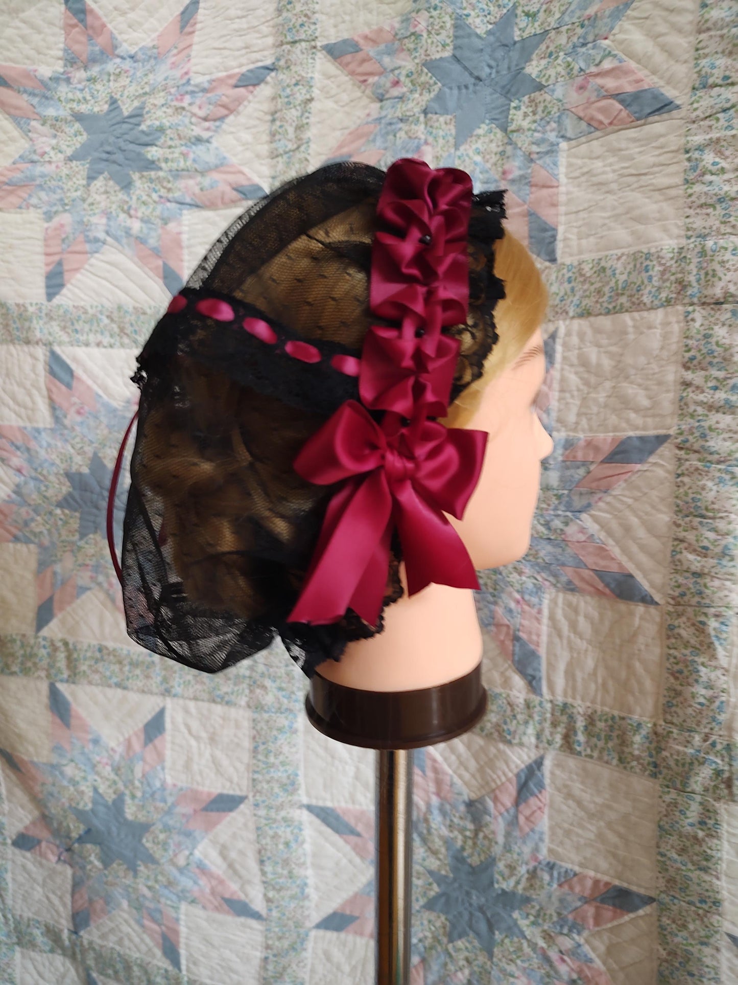 Black Lacy Daycap with choice of Ribbon Coronet, Civil War, Victorian breakfast cap, 19th Century, Historical Headwear,