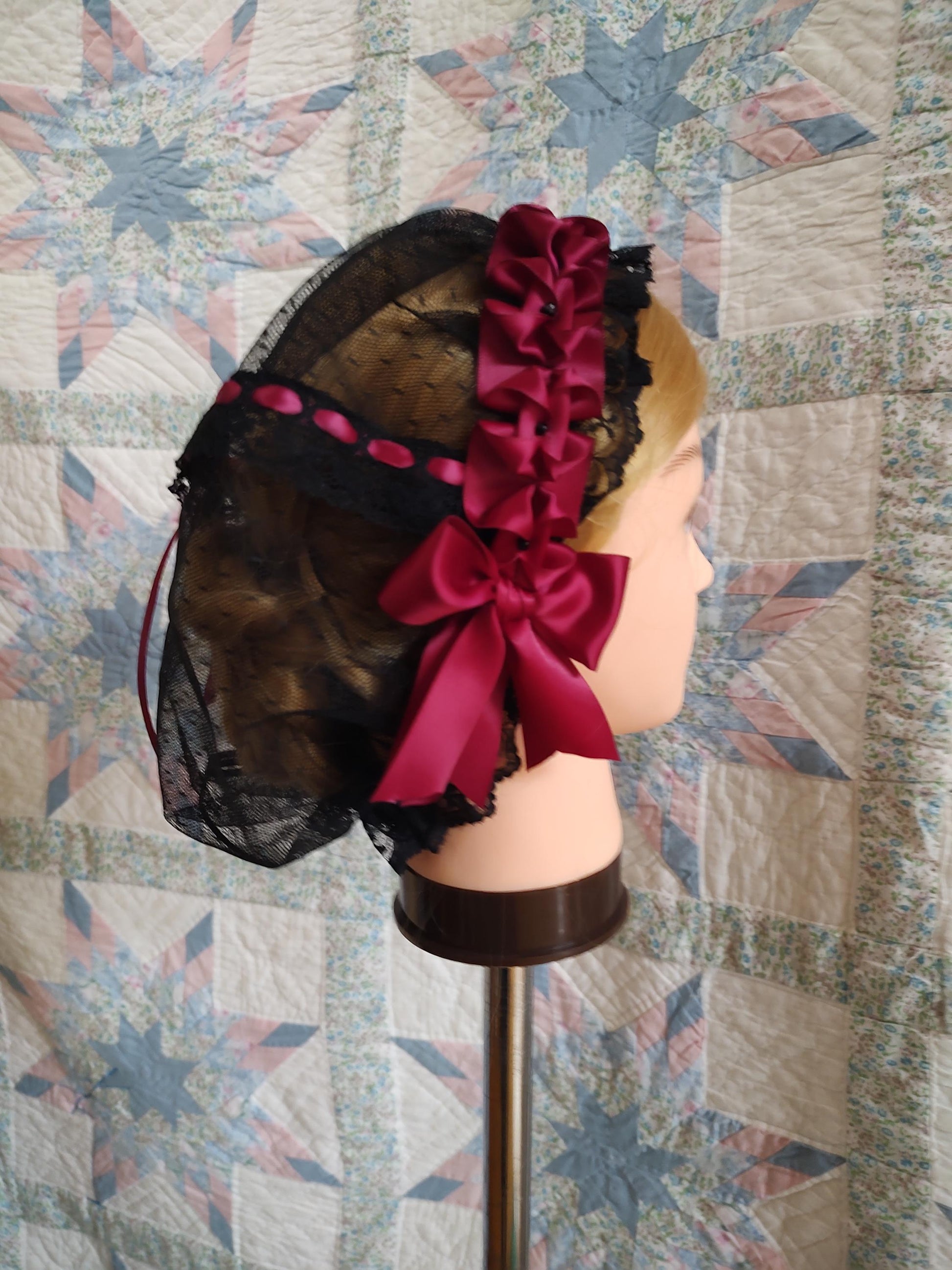Black Lacy Daycap with choice of Ribbon Coronet, Civil War, Victorian breakfast cap, 19th Century, Historical Headwear,