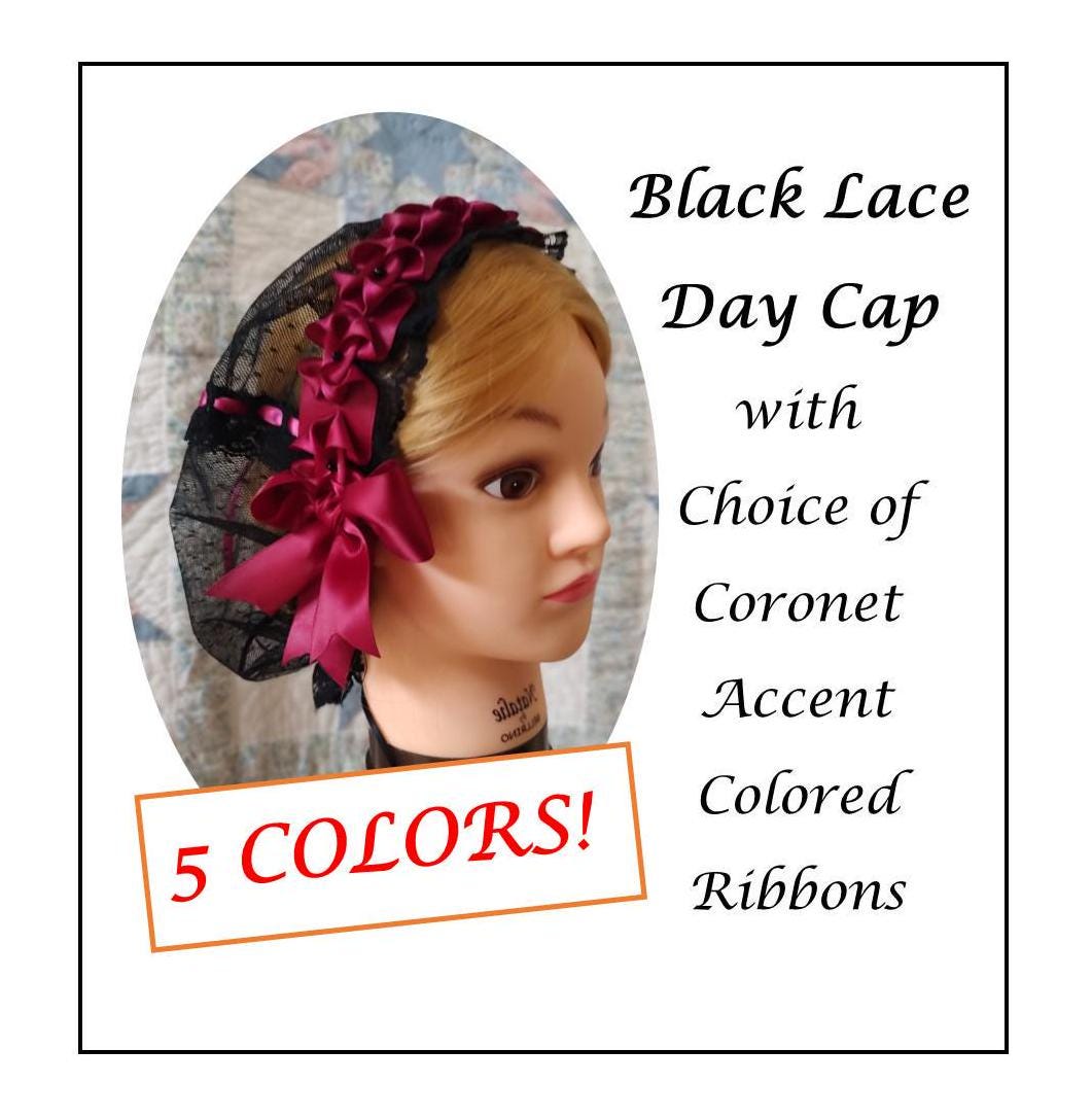 Black Lacy Daycap with choice of Ribbon Coronet, Civil War, Victorian breakfast cap, 19th Century, Historical Headwear,