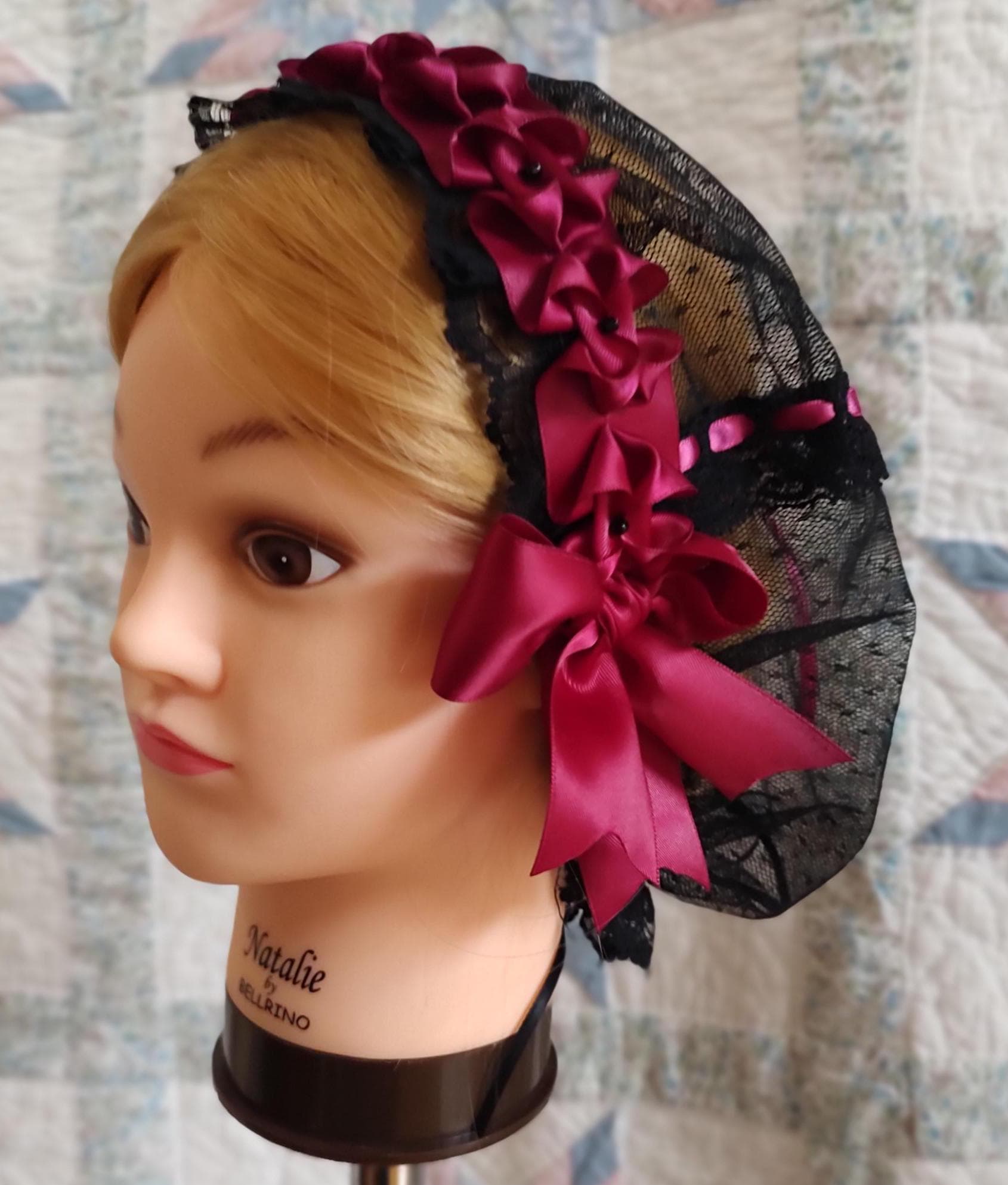 Black Lacy Daycap with choice of Ribbon Coronet, Civil War, Victorian breakfast cap, 19th Century, Historical Headwear,