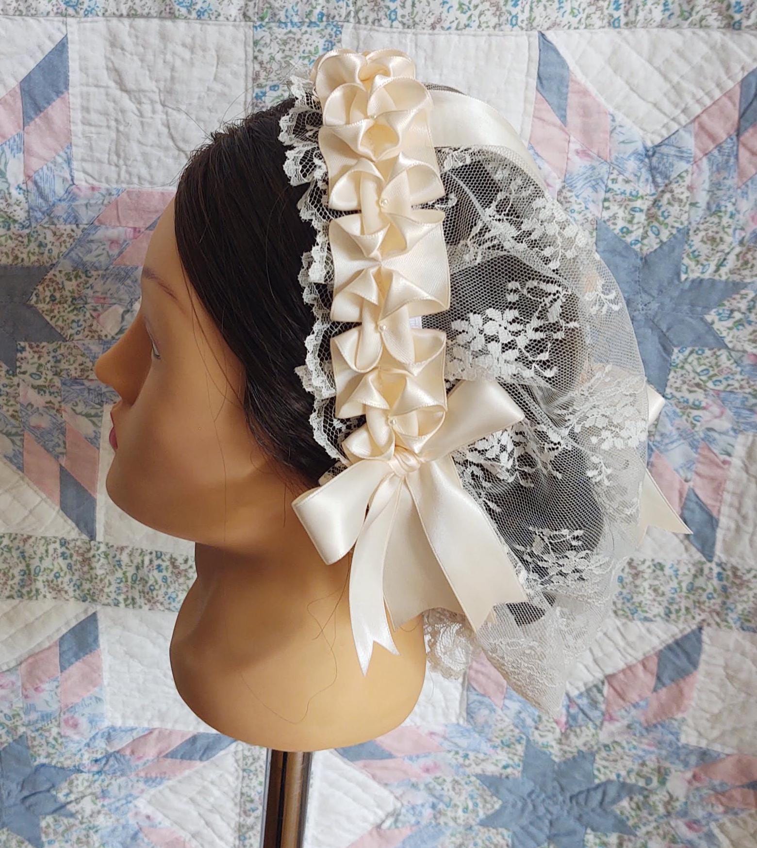 Cream Lacy Daycap with choice of ribbon accent, Civil War, Victorian breakfast cap, 19th Century, Historical Headwear,