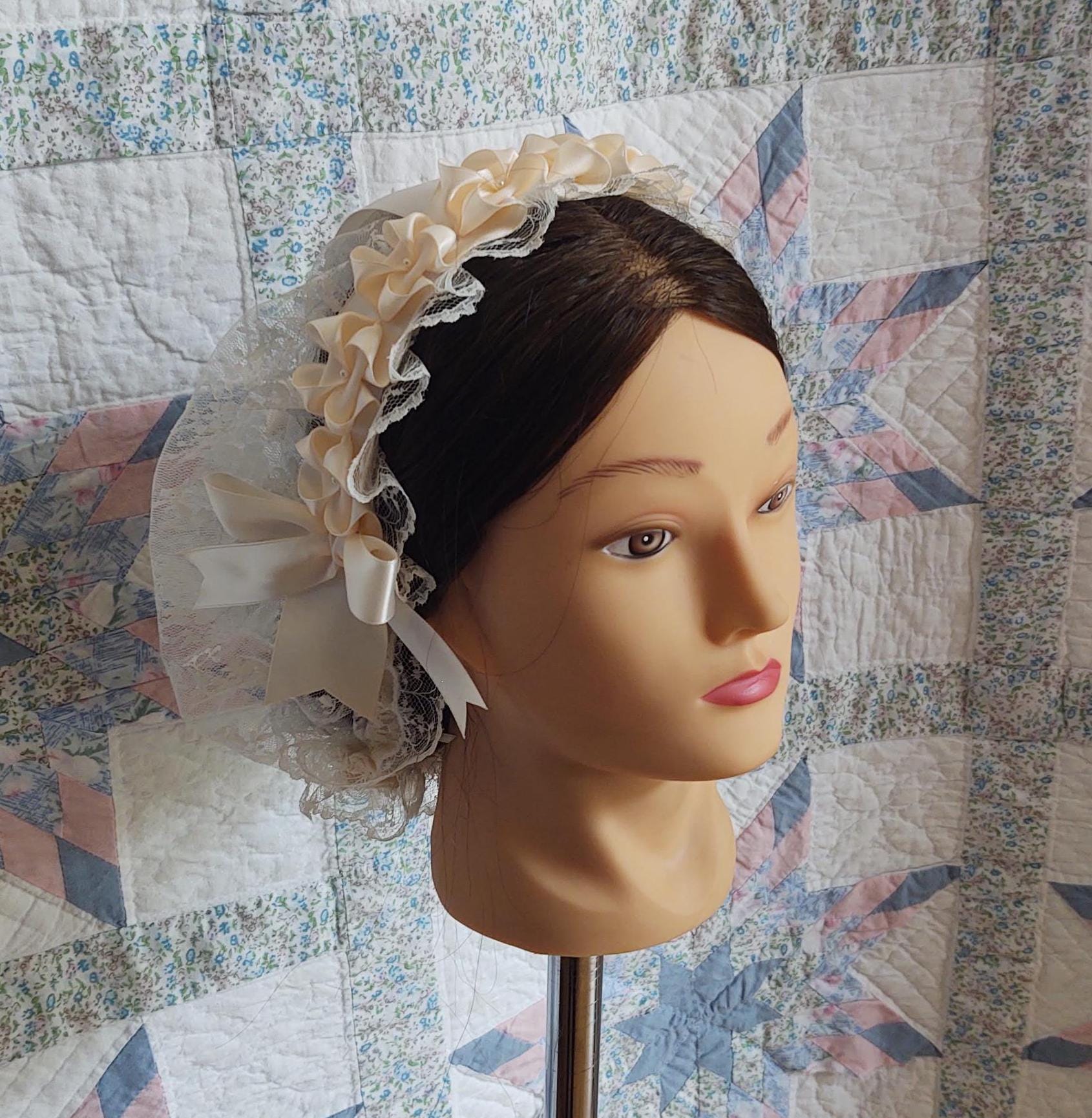 Cream Lacy Daycap with choice of ribbon accent, Civil War, Victorian breakfast cap, 19th Century, Historical Headwear,