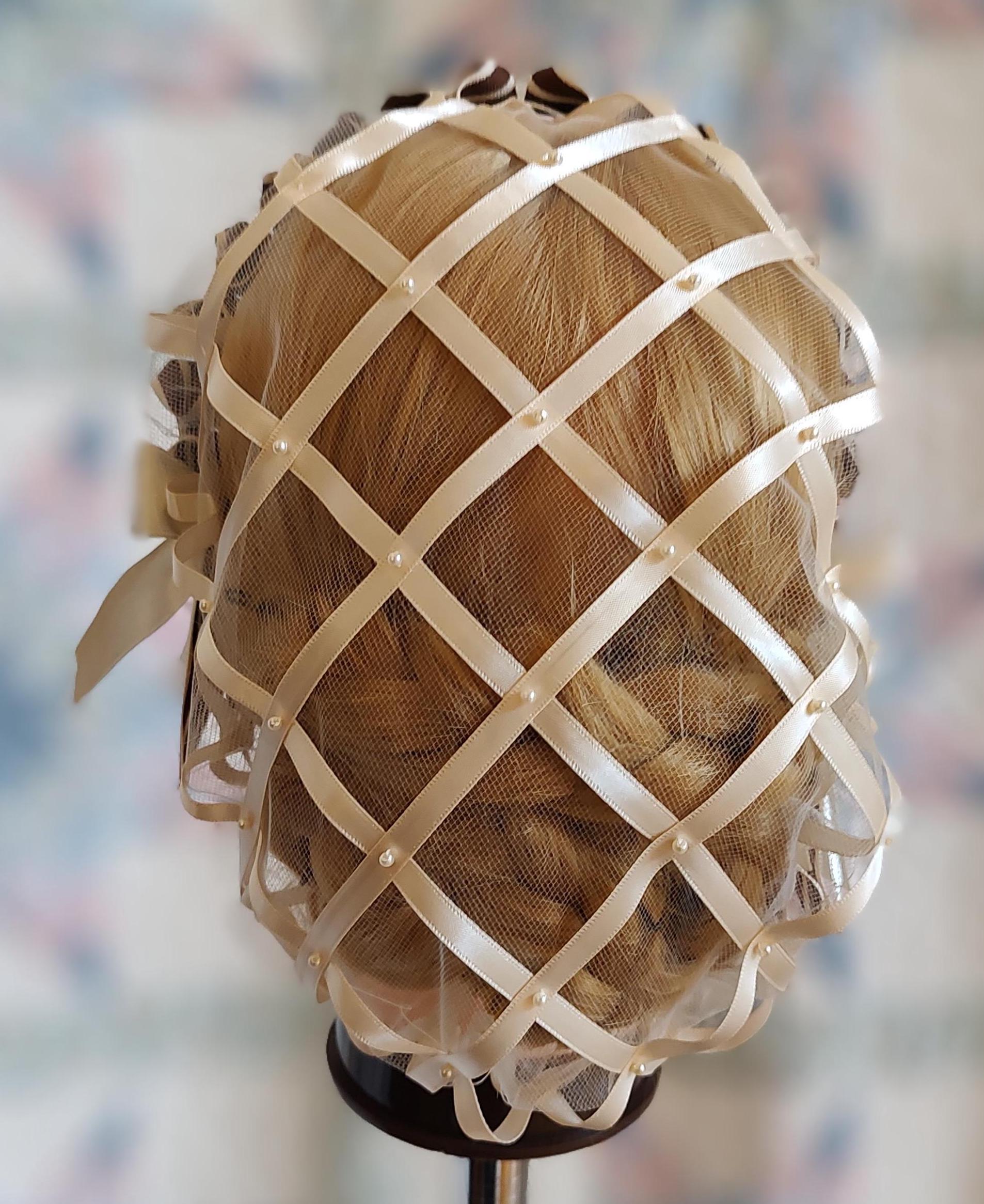 ribbon hairnet back showing grid, tulle and beads