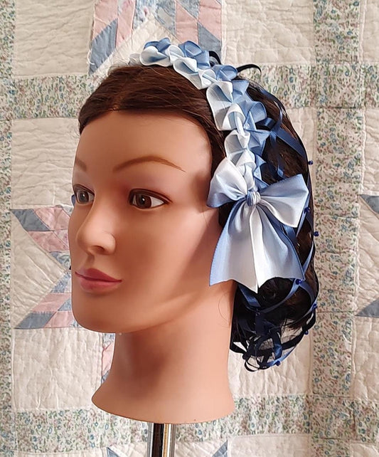 blue ombre ribbon on navy hairnet
