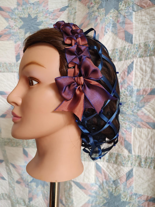 Navy Ribbon Hairnet with Changeable Navy and Copper Ribbon Coronet, Victorian Headdress, 19th Century, Civil War, Ball hair accessory