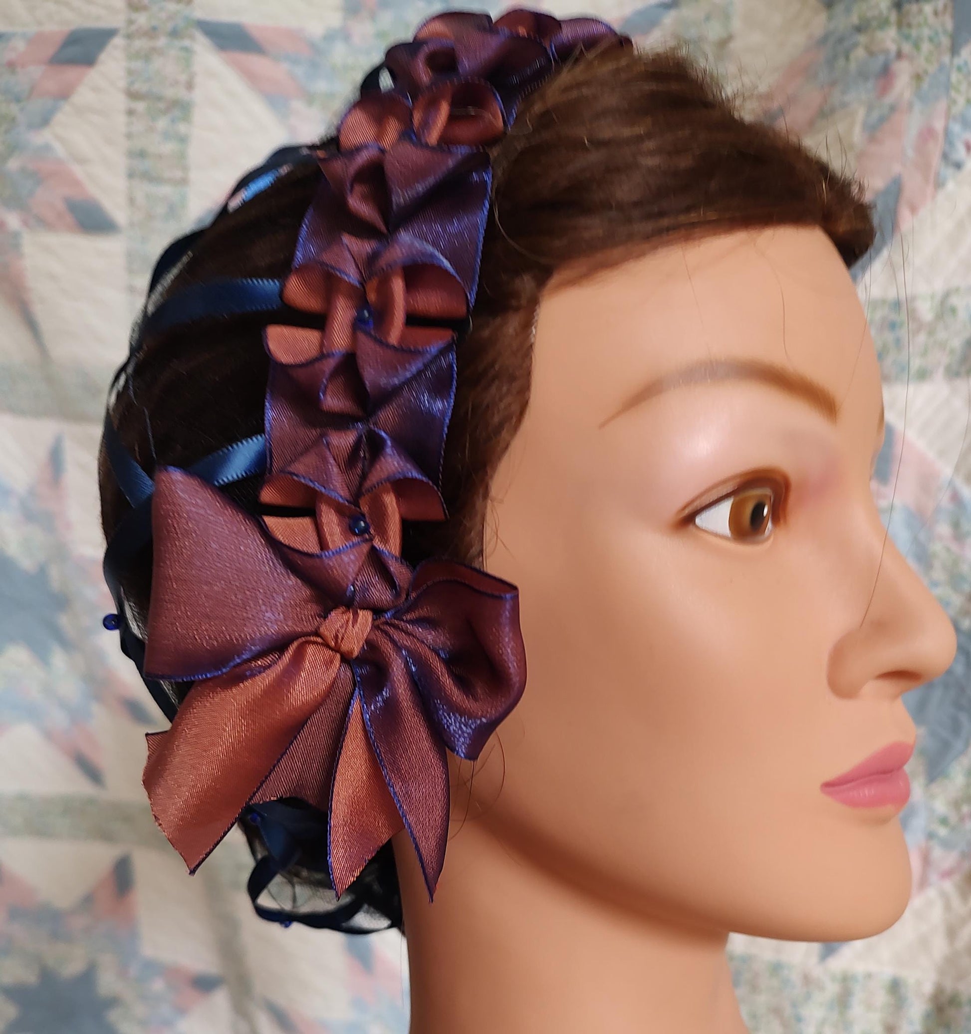 Navy Ribbon Hairnet with Changeable Navy and Copper Ribbon Coronet, Victorian Headdress, 19th Century, Civil War, Ball hair accessory