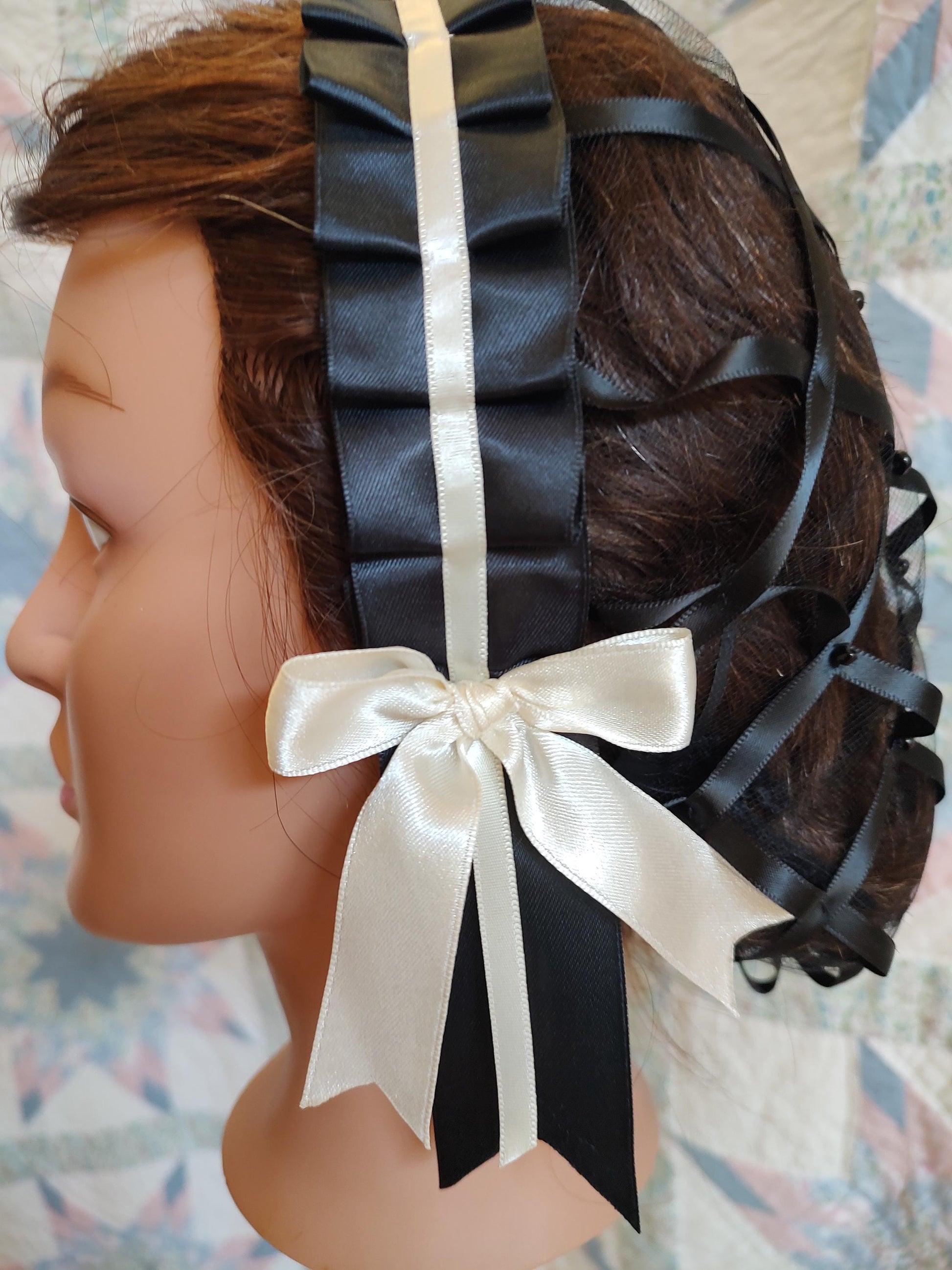 Cream or Black Ribbon Hairnet with choice of Ribbon Coronet - 19th Century Victorian headdress, Civil War, Ball Hair Accessory, Daycap