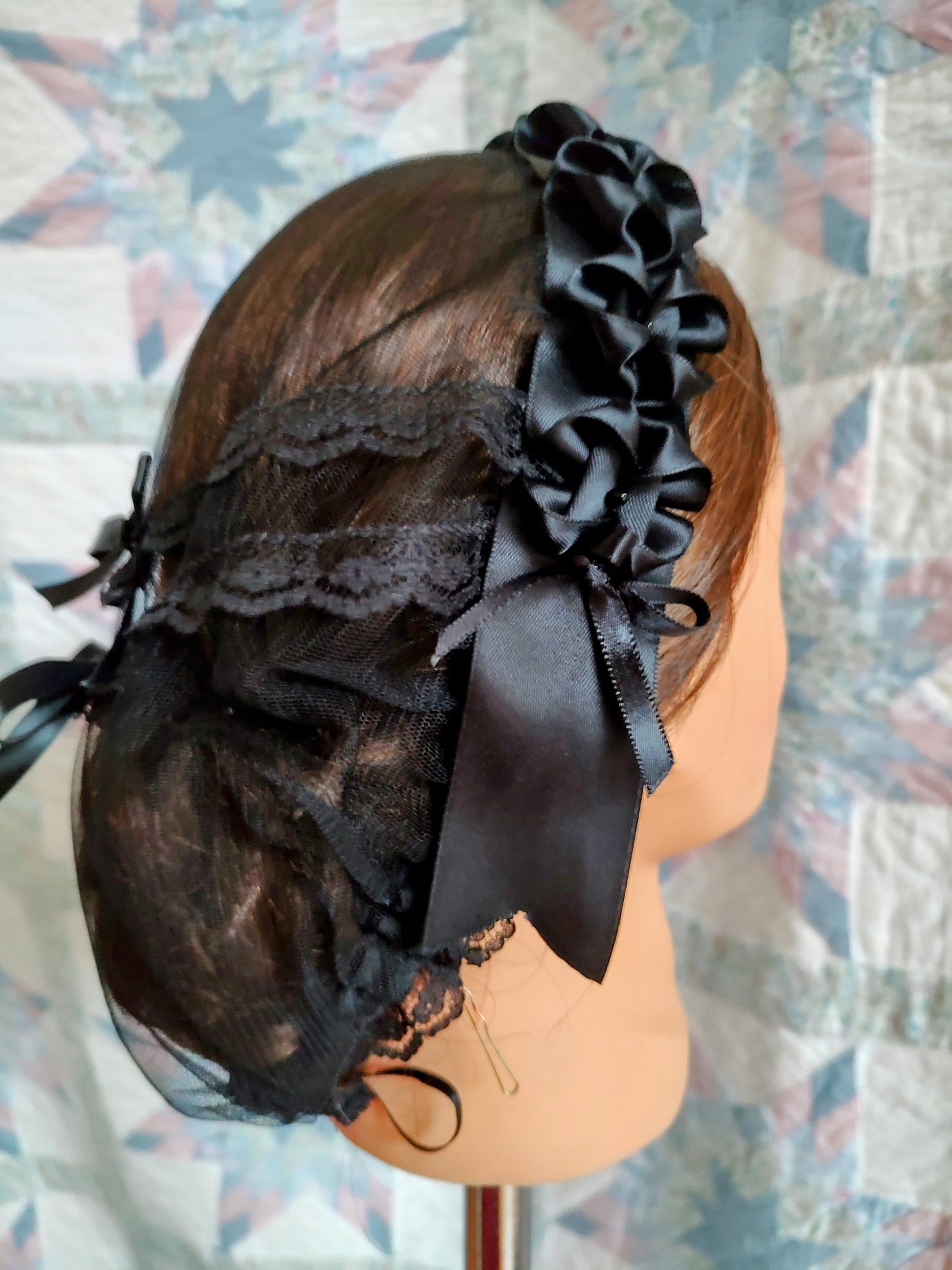 Black Lacy Daycap with choice of Ribbon Coronets - Mourning, Widows or just great neutral, Civil War, Victorian breakfast cap, 19th Century