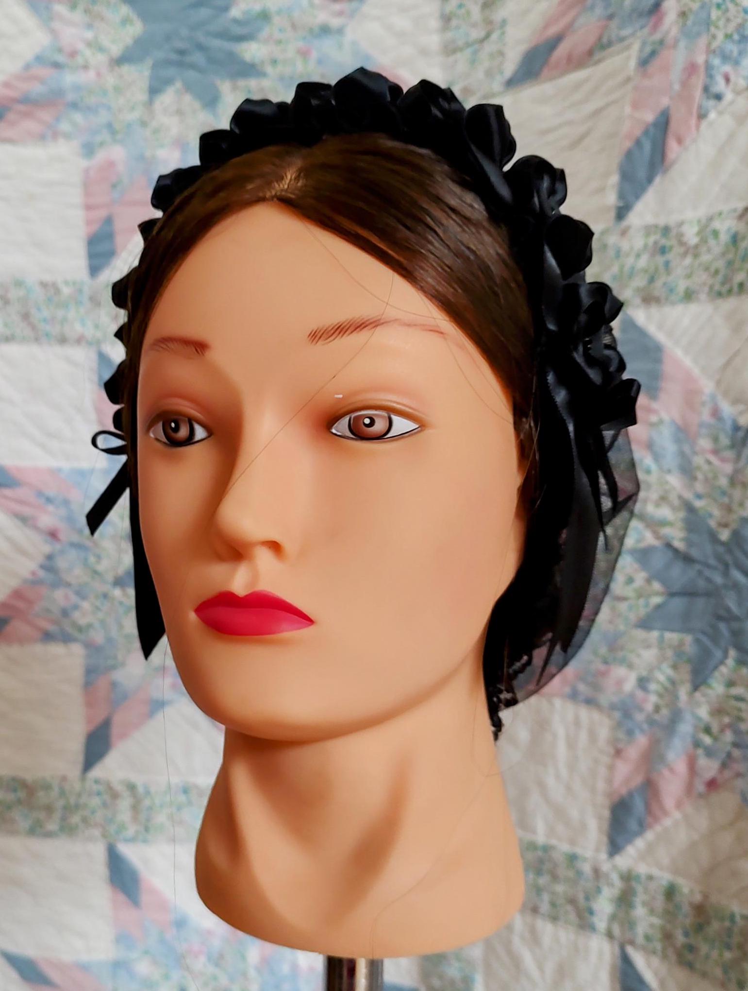 Black Lacy Daycap with choice of Ribbon Coronets - Mourning, Widows or just great neutral, Civil War, Victorian breakfast cap, 19th Century