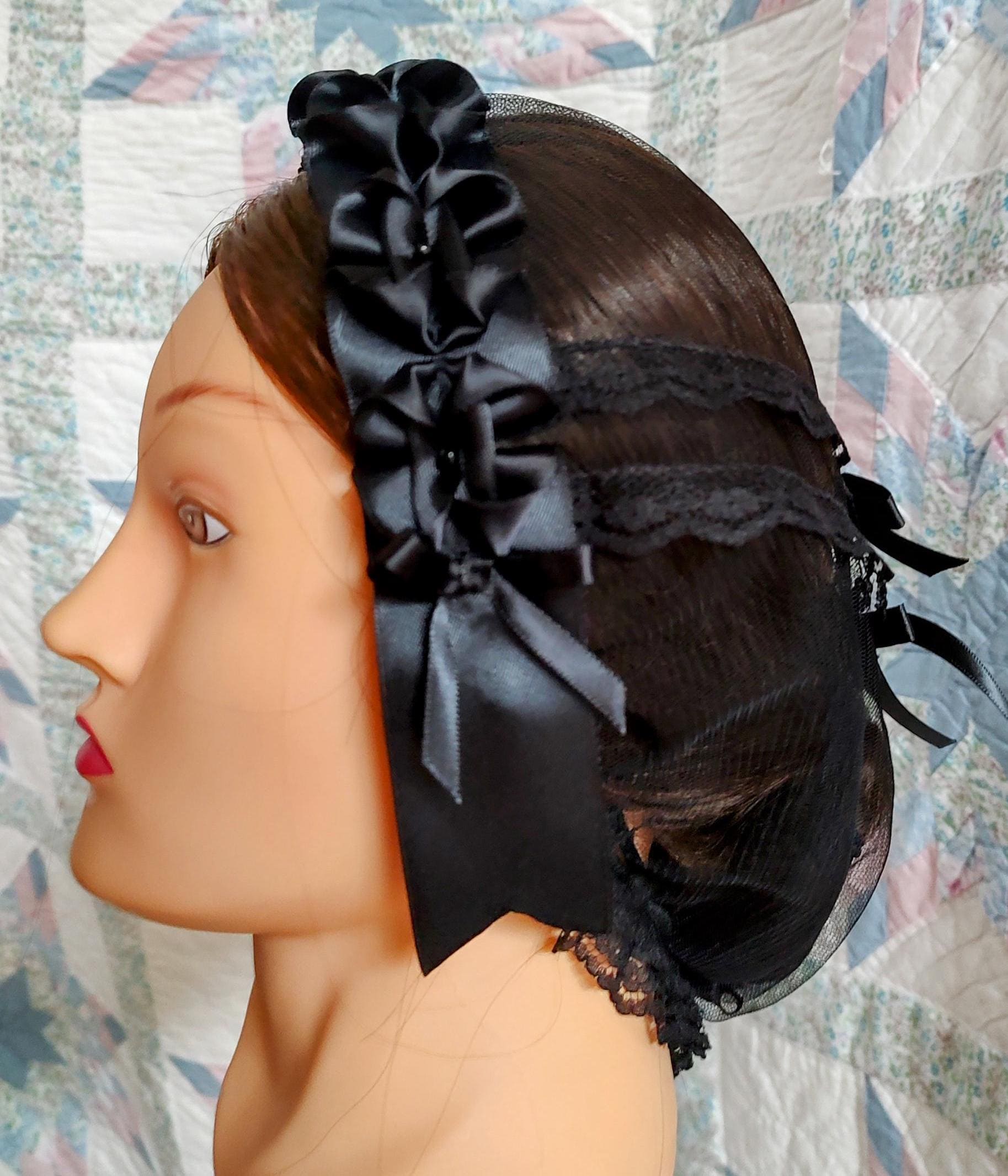 Black Lacy Daycap with choice of Ribbon Coronets - Mourning, Widows or just great neutral, Civil War, Victorian breakfast cap, 19th Century