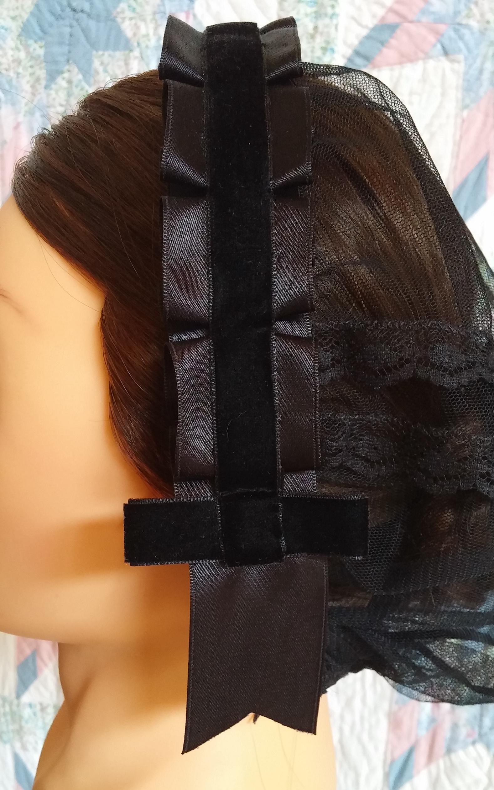 Black Lacy Daycap with choice of Ribbon Coronets - Mourning, Widows or just great neutral, Civil War, Victorian breakfast cap, 19th Century