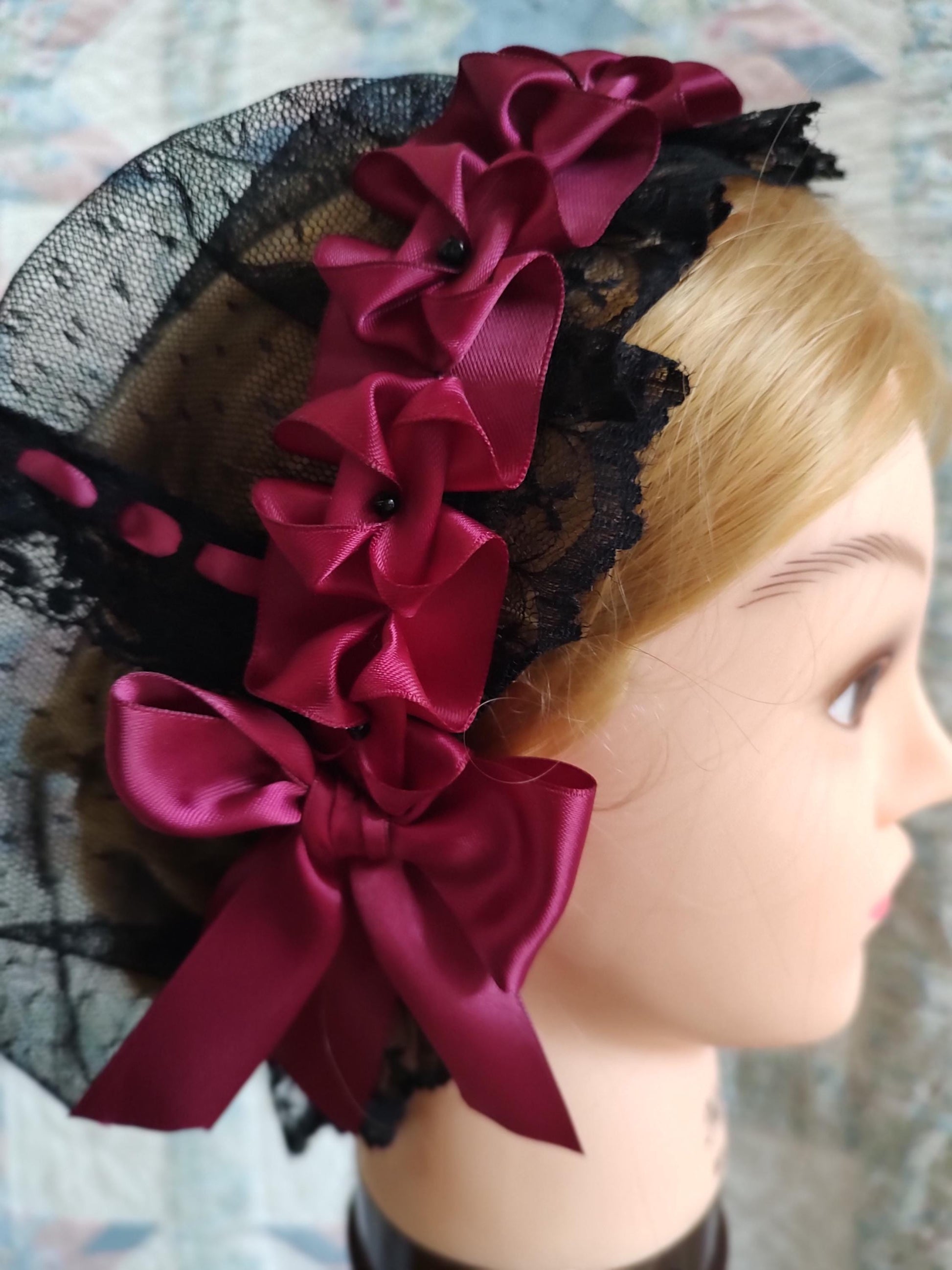 Black Lacy Daycap with choice of Ribbon Coronet, Civil War, Victorian breakfast cap, 19th Century, Historical Headwear,