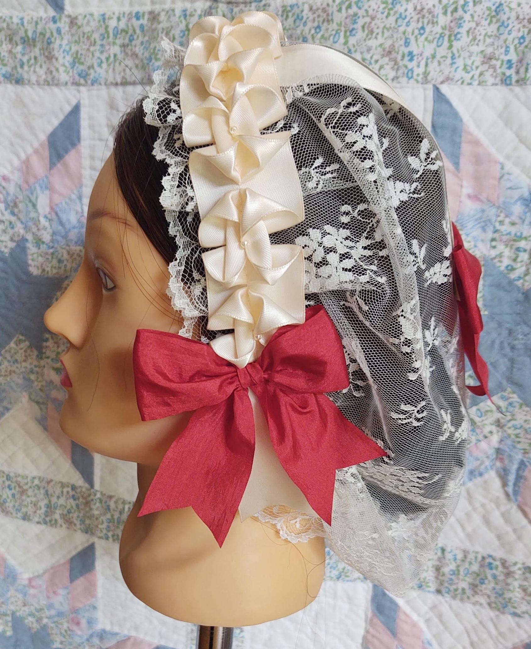 Cream Lacy Daycap with choice of ribbon accent, Civil War, Victorian breakfast cap, 19th Century, Historical Headwear,