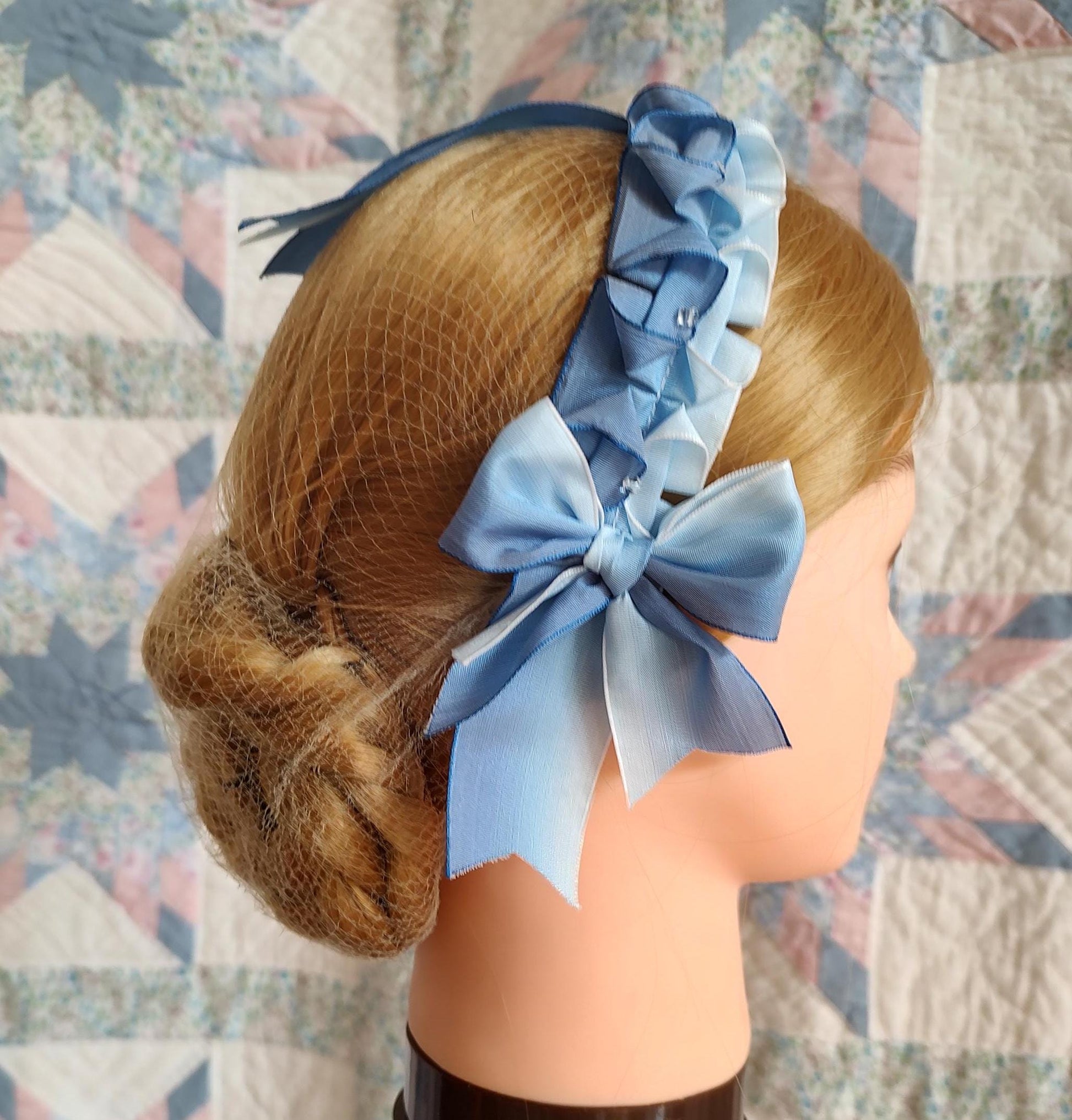 Civil War Hairnet Embellished with Blue Ombre Folded Ribbon, Mid-19th Century, Victorian, Headpiece,
