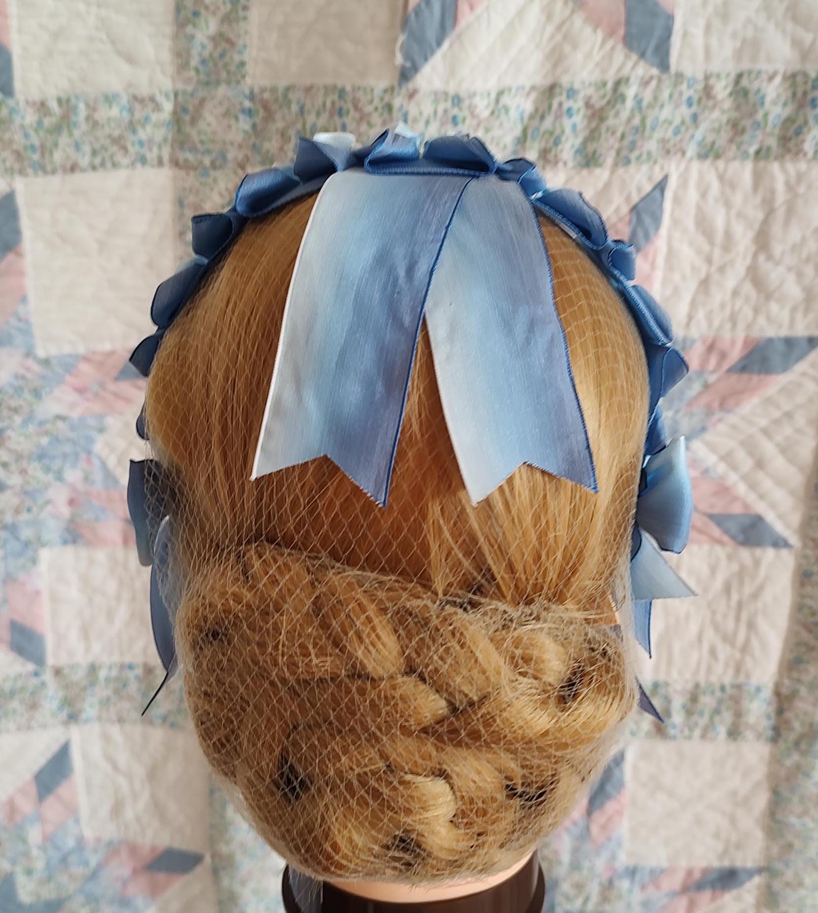 Civil War Hairnet Embellished with Blue Ombre Folded Ribbon, Mid-19th Century, Victorian, Headpiece,