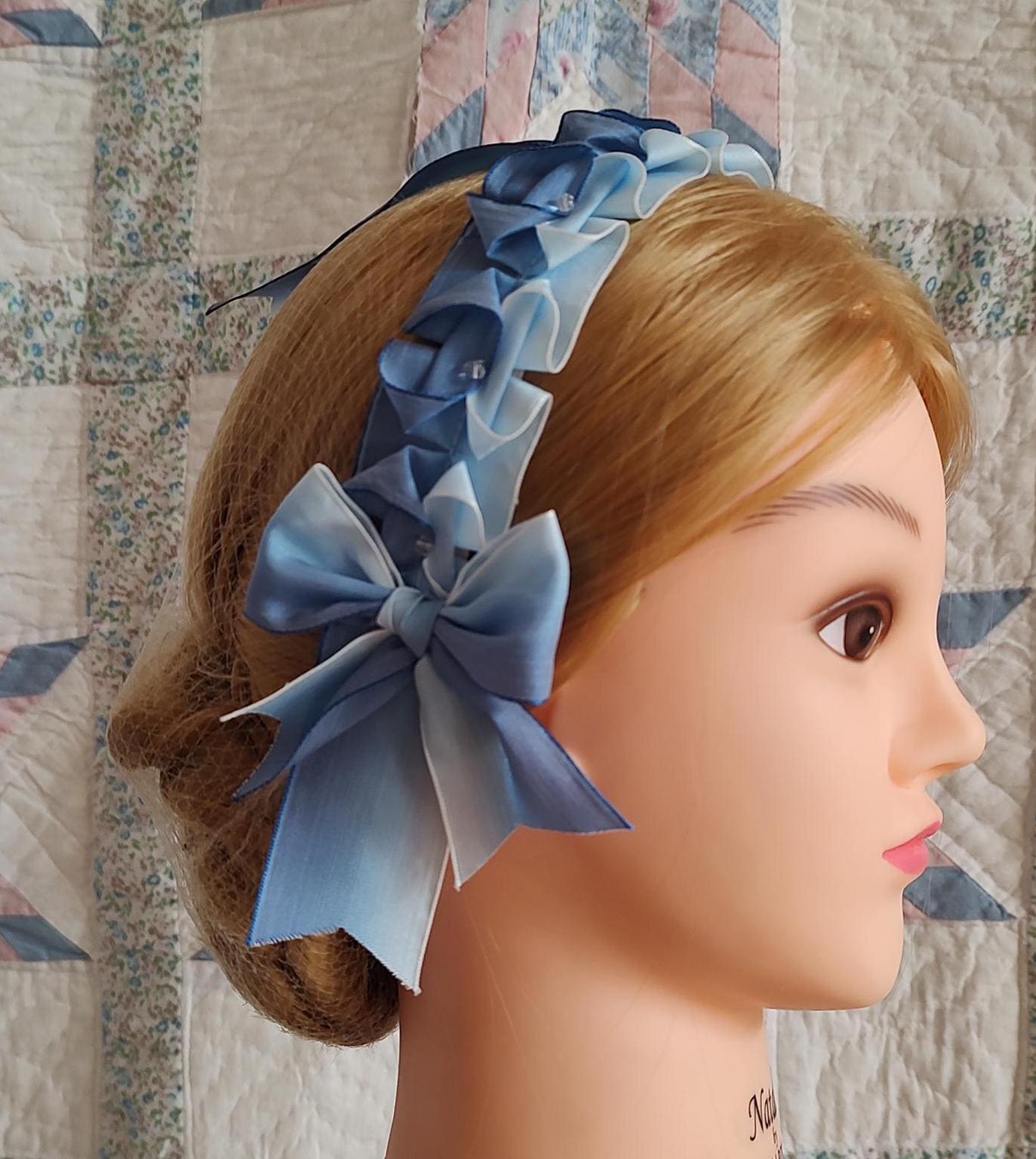 Civil War Hairnet Embellished with Blue Ombre Folded Ribbon, Mid-19th Century, Victorian, Headpiece,