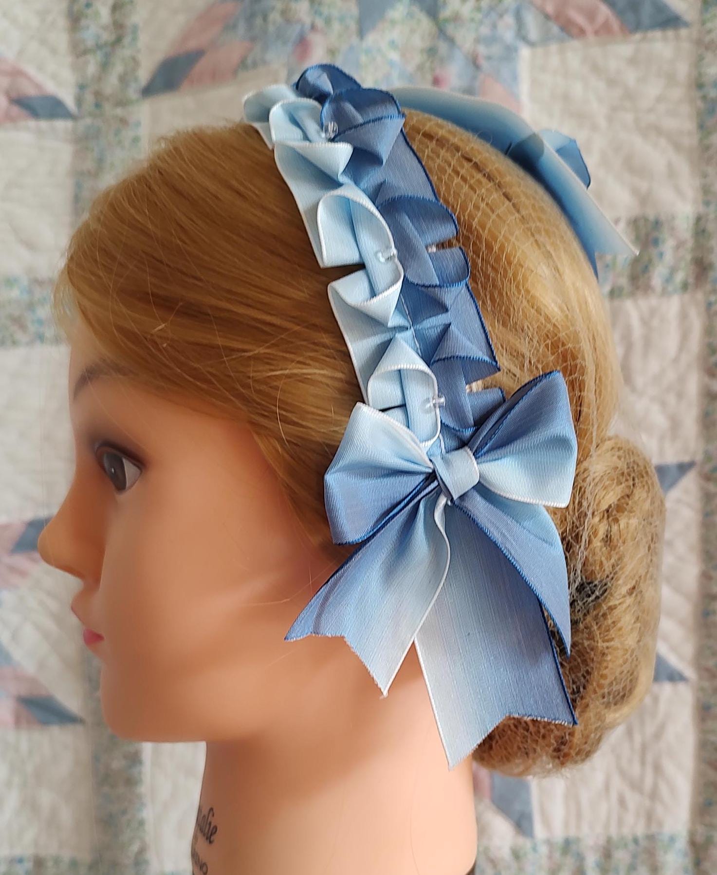 Civil War Hairnet Embellished with Blue Ombre Folded Ribbon, Mid-19th Century, Victorian, Headpiece,