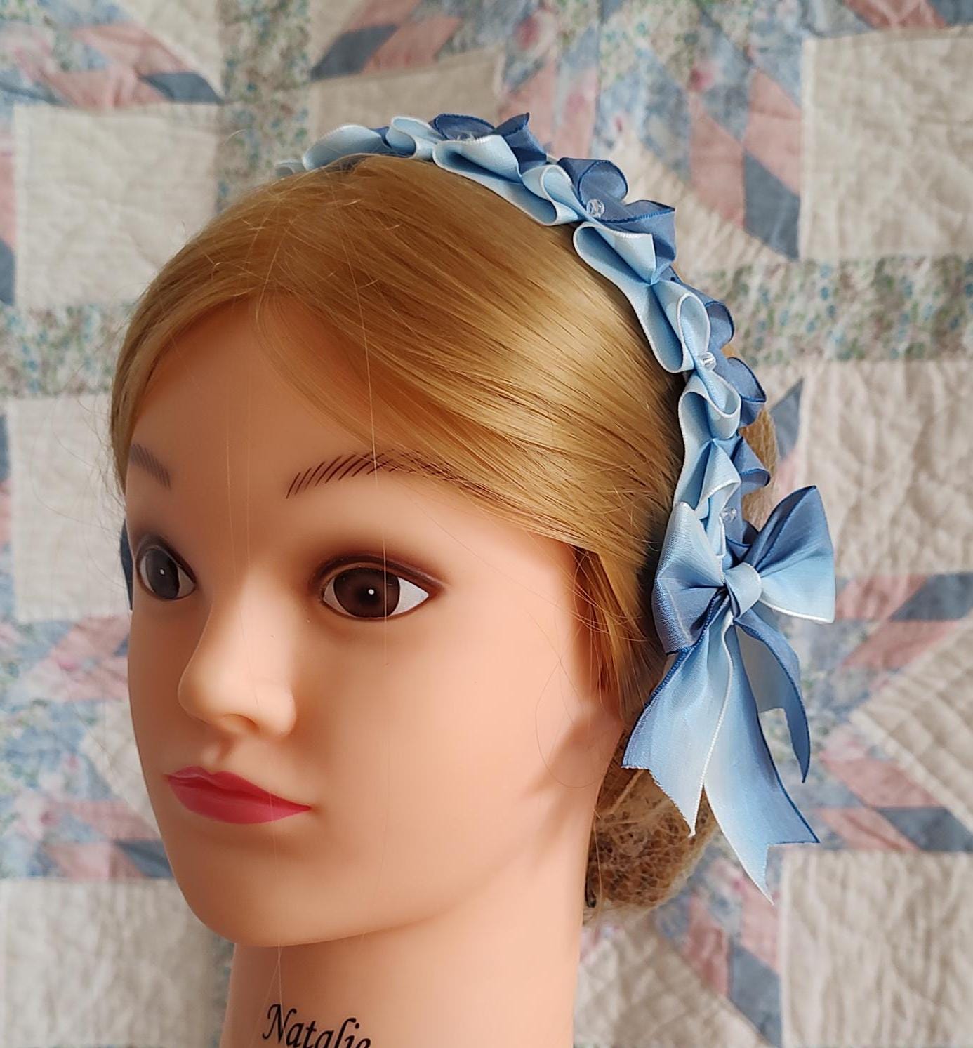Civil War Hairnet Embellished with Blue Ombre Folded Ribbon, Mid-19th Century, Victorian, Headpiece,