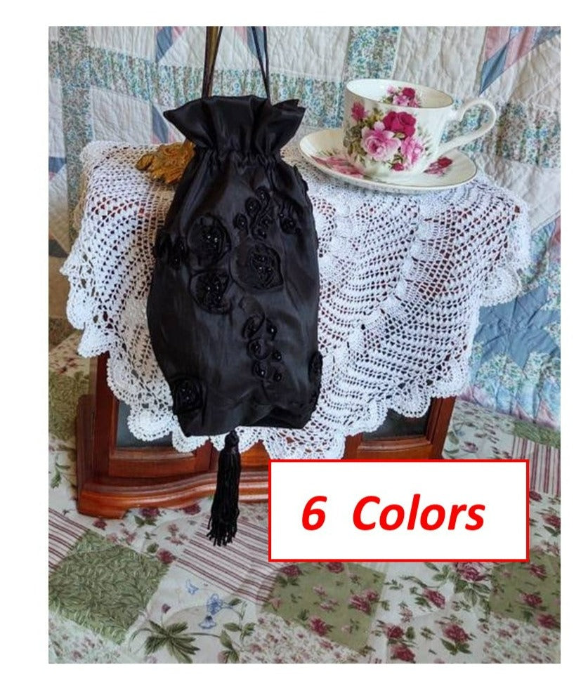 Ribbon Taffeta Reticule In 6 COLORS, drawstring bag, 19th Century Victorian purse, Evening, Civil War, Edwardian, Regency,