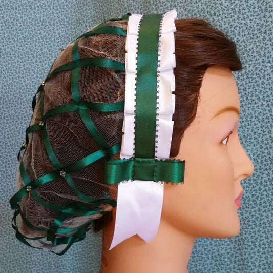 White and Forest Green Ribbon Hairnet