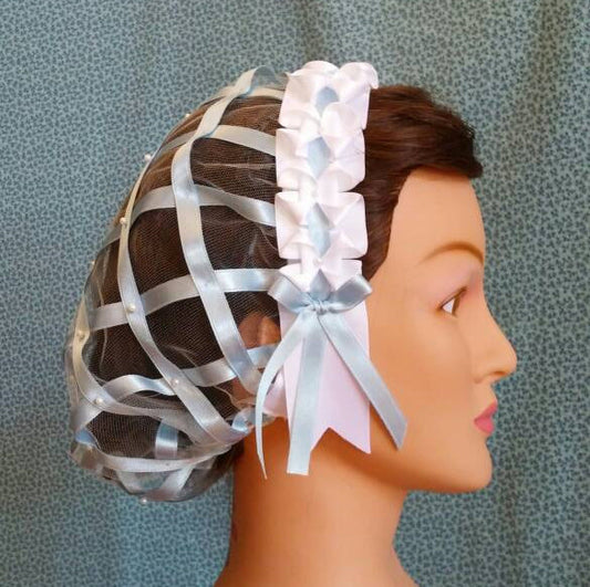 White and Soft Blue Ribbon Hairnet