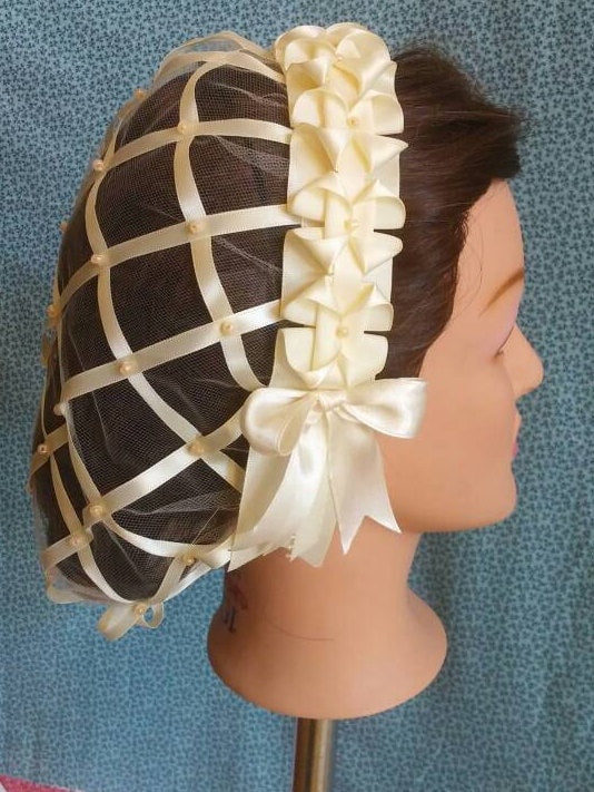 Cream Ribbon Hairnet with choice of Ribbon Coronet - cream, rust or cream and blue