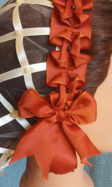 Cream Ribbon Hairnet with choice of Ribbon Coronet - cream, rust or cream and blue