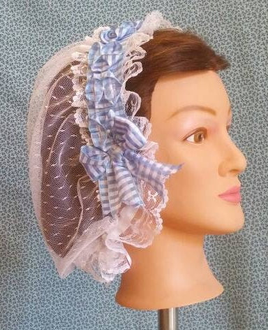 White Lacy Daycap with choice of folded ribbon coronet trim - Red, aqua changeable silky