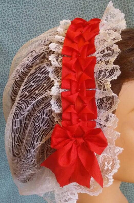White Lacy Daycap with choice of folded ribbon coronet trim - Red, aqua changeable silky
