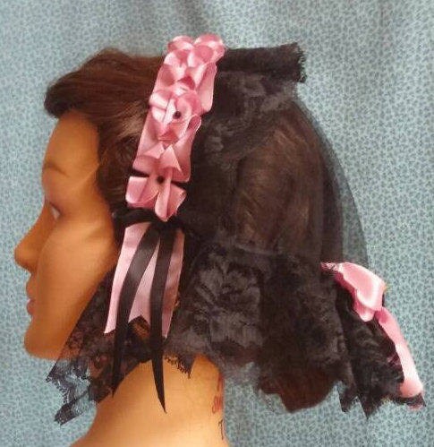 Black Lacy Daycap with Rose Ribbon Accents