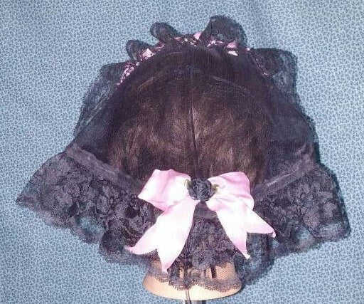 Black Lacy Daycap with Rose Ribbon Accents