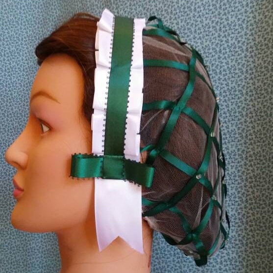 White and Forest Green Ribbon Hairnet