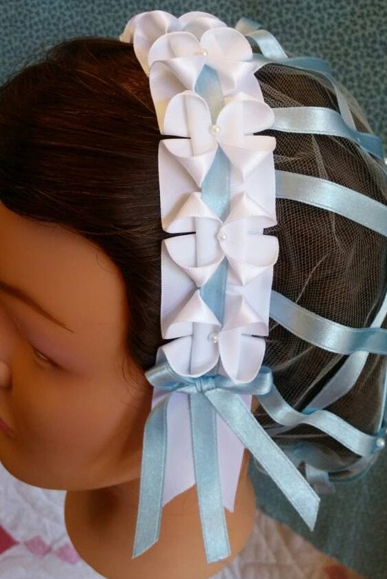 White and Soft Blue Ribbon Hairnet