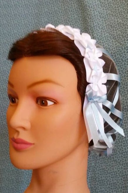 White and Soft Blue Ribbon Hairnet