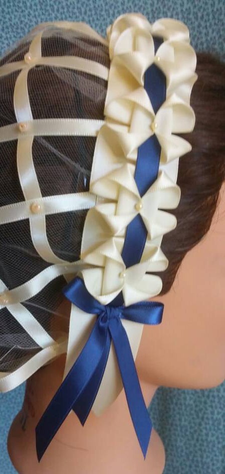 Cream Ribbon Hairnet with choice of Ribbon Coronet - cream, rust or cream and blue