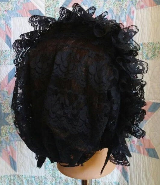 Black Velvet Ribboned Lacy Black Daycap - MOURNING