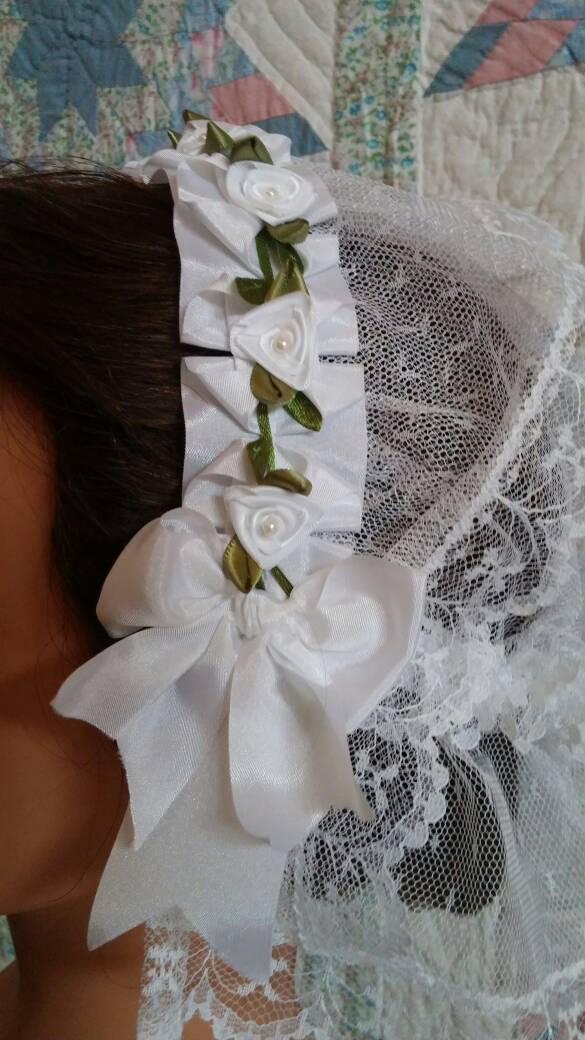 White Ribbon Rose Trimmed Folded Ribbon Fanchon Style Lacy Daycap