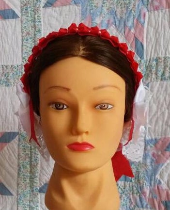 Red and White Trimmed White Lace Fanchon Styled Day Cap