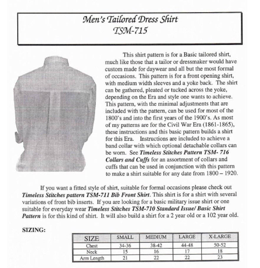 Men'sTailored Dress Shirt/ 19th Century Civilian Mens Shirt Pattern Timeless Stitches Sewing Pattern TSM-715