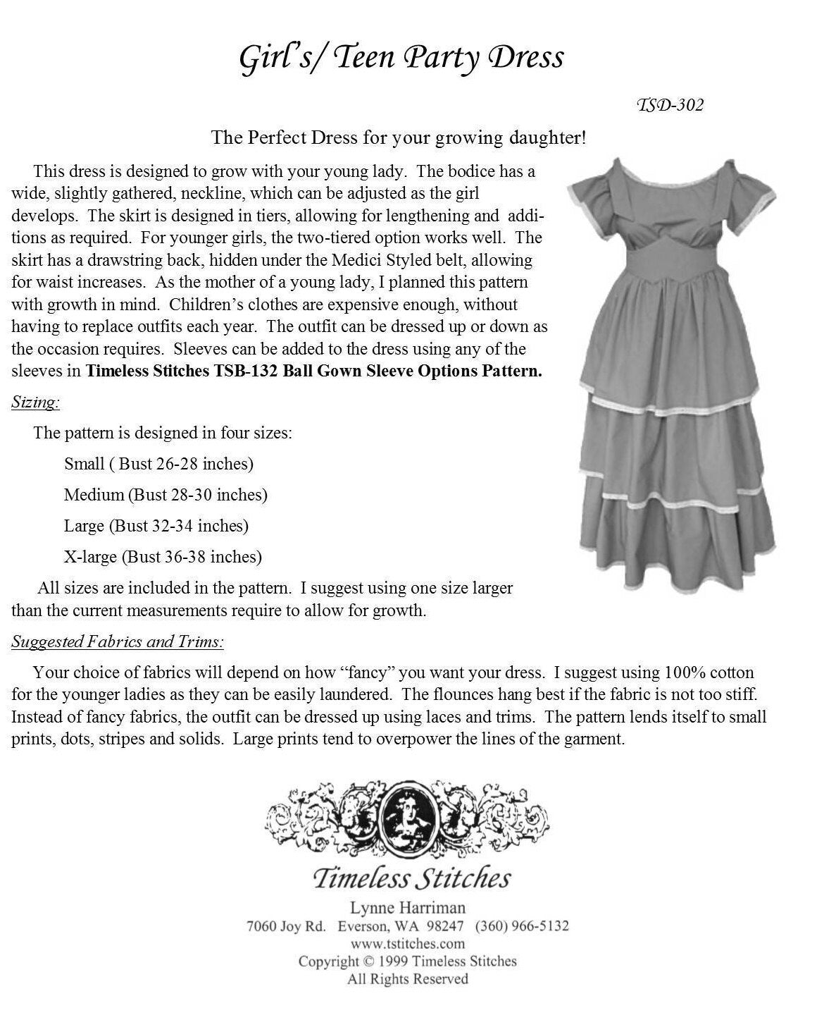 Girl's - Teen Party Dress /Mid- 19th Century/ Civil War Era Dress Pattern/ Timeless Stitches Sewing Pattern TSD-302