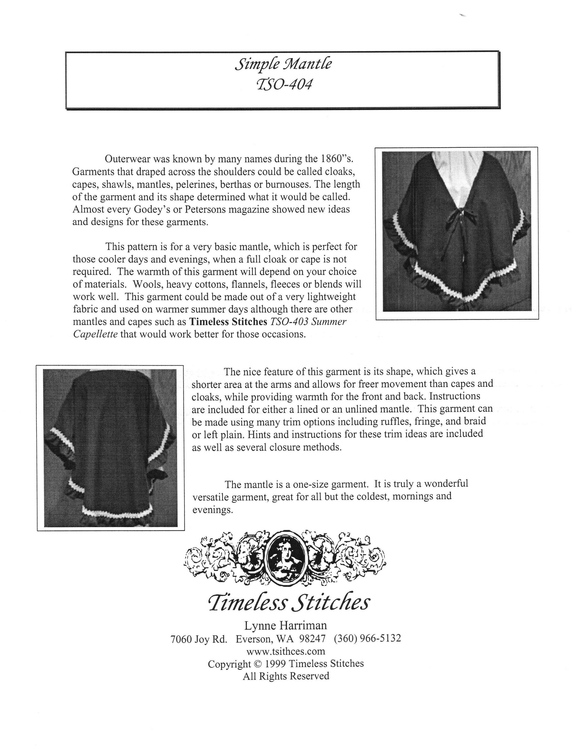 Simple Mantle/19th Century Mantle Cape Capelet Pattern/ Timeless Stitches Sewing Pattern TSO- 404 Simple Mantle