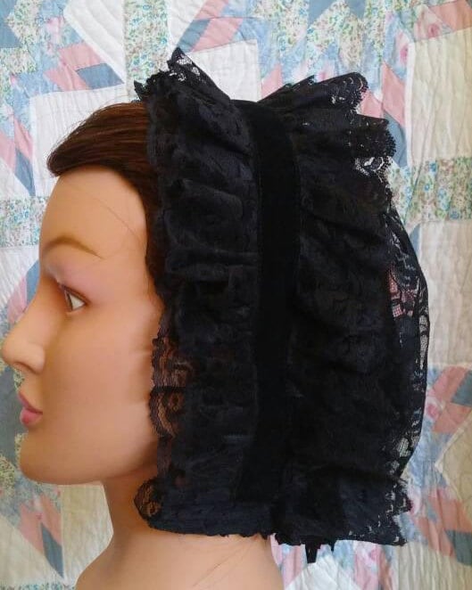 Black Velvet Ribboned Lacy Black Daycap - MOURNING