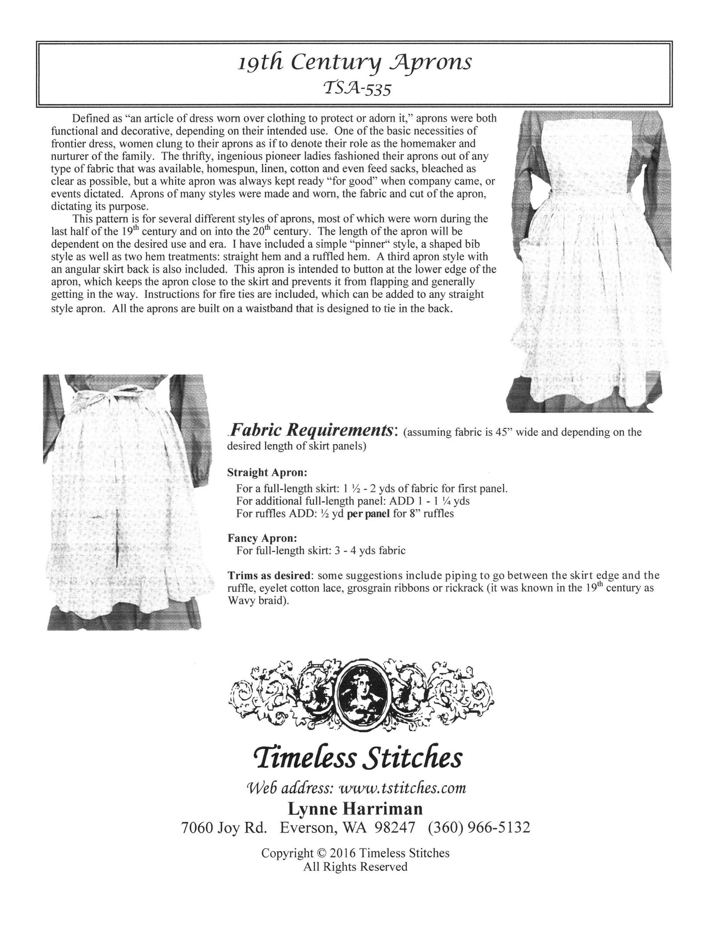 19th Century Aprons/ Timeless Stitches Sewing Pattern TSA-535 19th Century Aprons